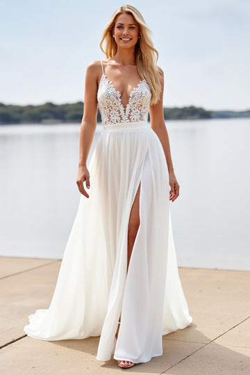 White A Line Spaghetti Straps Beach Wedding Dress With Slit